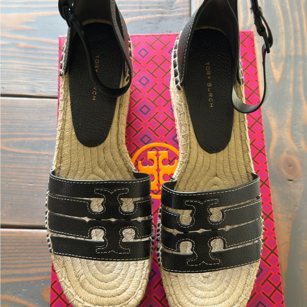 Tory Burch Black and Tan Espadrille Sandals